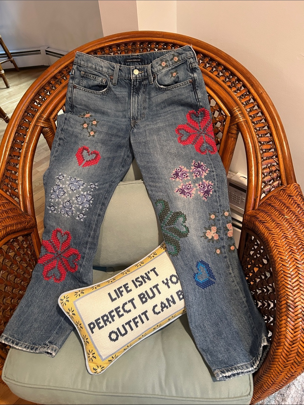 Lucky Brand Medium Wash Flare Jeans with Multicolor Embroidered Hearts & Flowers